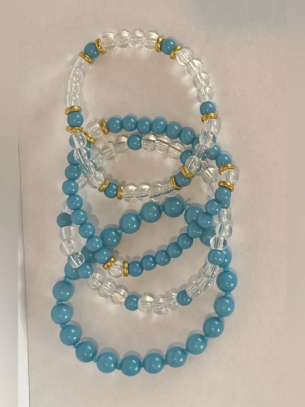 Blue Beaded Stretch Bracelet Set of 4 with Gold Accents